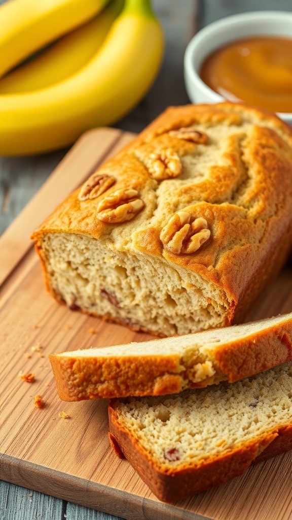 Moist banana bread with walnuts, sliced on a wooden board, with bananas and applesauce in the background.